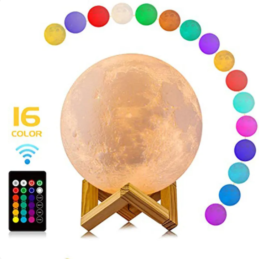 LED Maanlamp met Houten Standaard, 16 Kleuren en Afstandsbediening