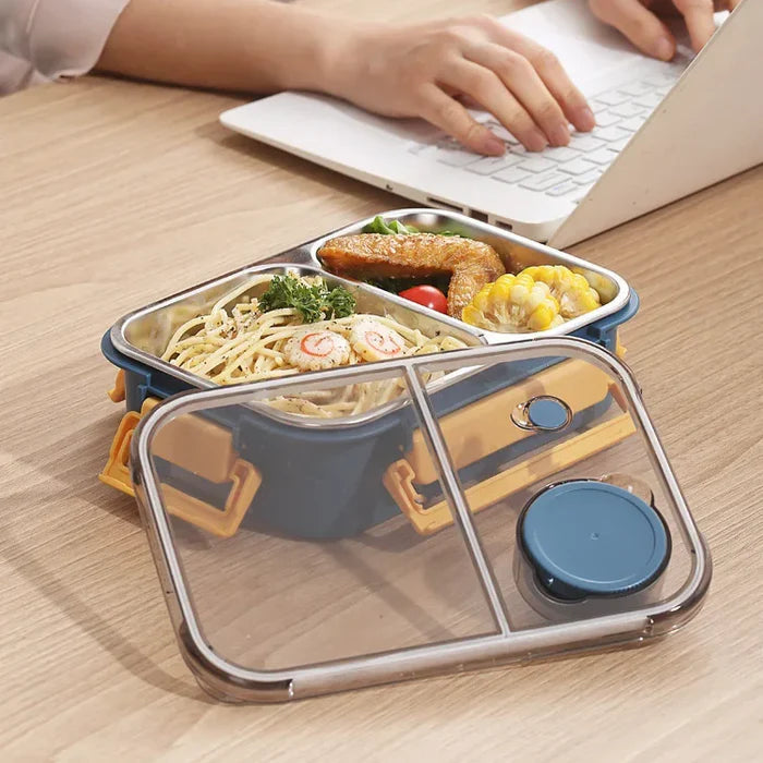 Lunchbox met 3 Vakken - RVS Bento Box met Lekvrij Deksel