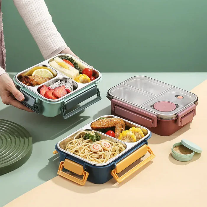Lunchbox met 3 Vakken - RVS Bento Box met Lekvrij Deksel