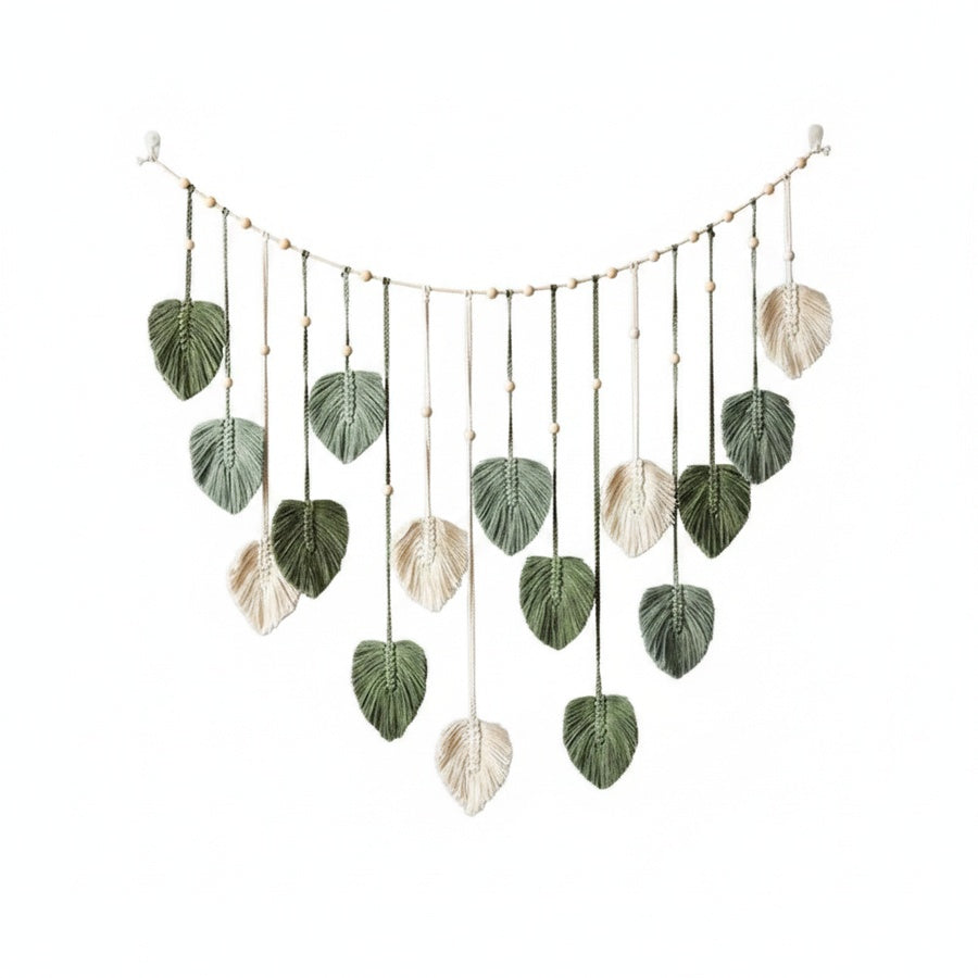 Macramé Wanddecoratie met Bladvormige Hangers en Houten Kralen