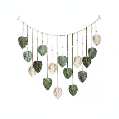 Macramé Wanddecoratie met Bladvormige Hangers en Houten Kralen