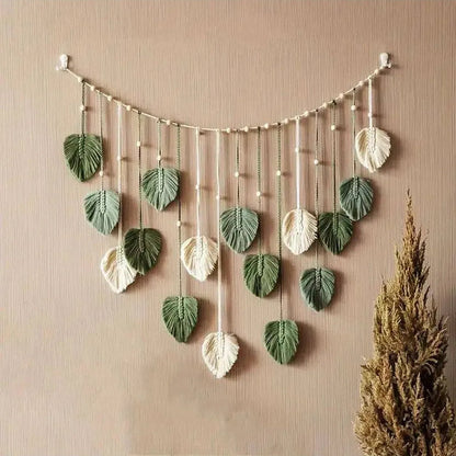 Macramé Wanddecoratie met Bladvormige Hangers en Houten Kralen