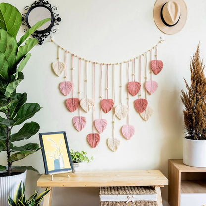 Macramé Wanddecoratie met Bladvormige Hangers en Houten Kralen