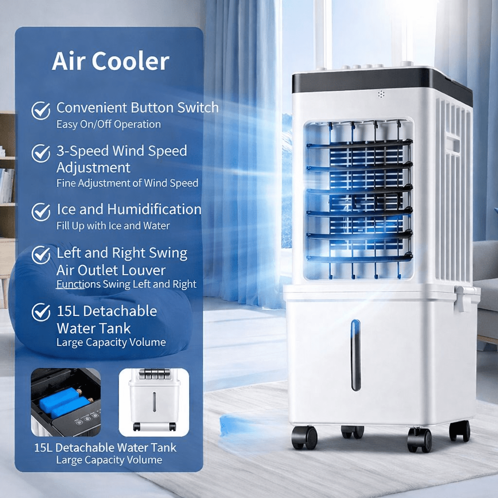 Mobiele Aircooler 3-in-1 met Afneembaar Waterreservoir en Wieltjes