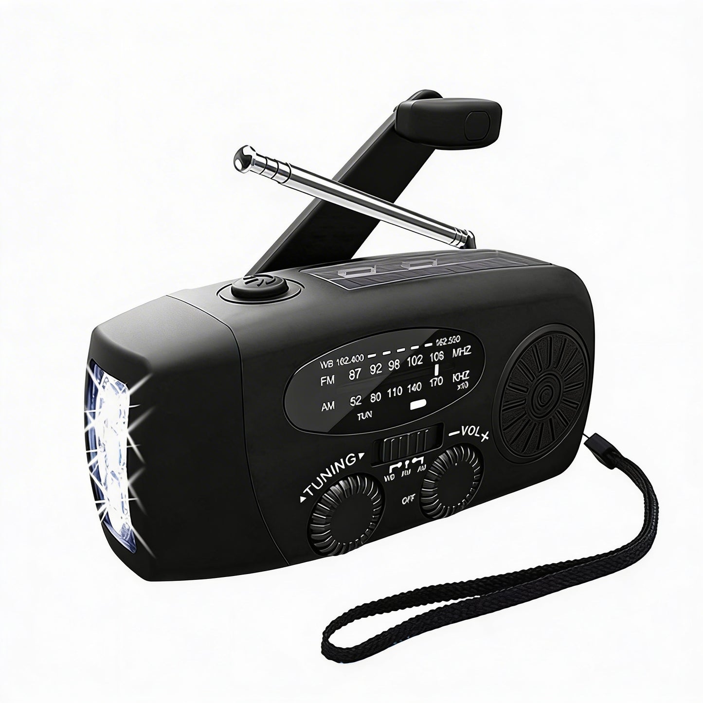 Noodradio met Handslinger en Zonnepaneel - FM/AM Radio, Zaklamp en Powerbank