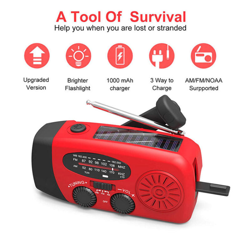 Noodradio met Handslinger en Zonnepaneel - FM/AM Radio, Zaklamp en Powerbank