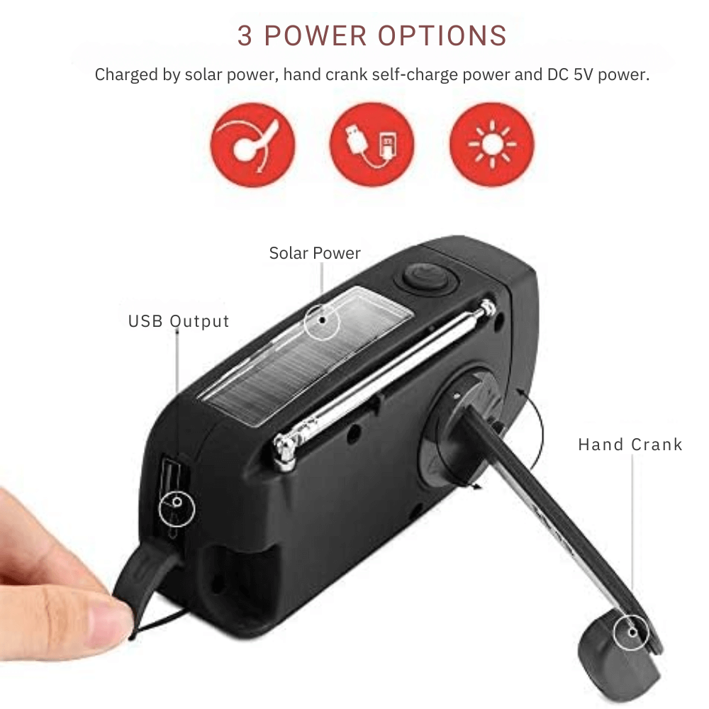 Noodradio Solar met Handslinger en LED Zaklamp Powerbank