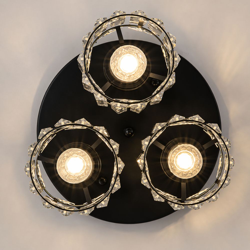 Plafondlamp Art Deco met 3 Kristallen Kappen en Ronde Basis
