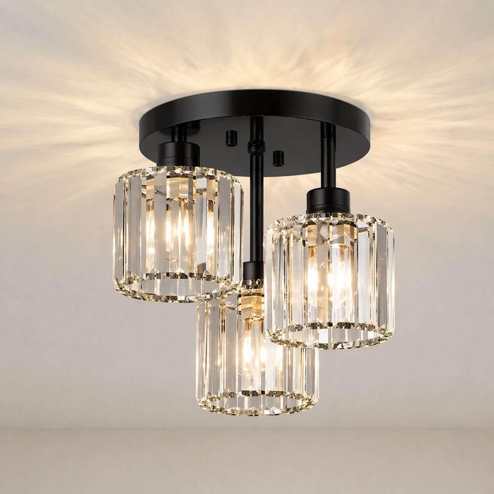 Plafondlamp Art Deco met 3 Kristallen Kappen en Ronde Basis