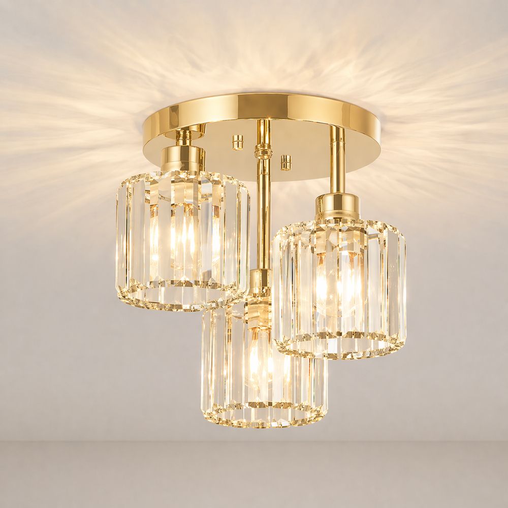 Plafondlamp Art Deco met 3 Kristallen Kappen en Ronde Basis
