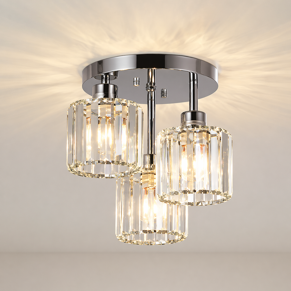 Plafondlamp Art Deco met 3 Kristallen Kappen en Ronde Basis