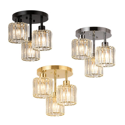 Plafondlamp Art Deco met 3 Kristallen Kappen en Ronde Basis