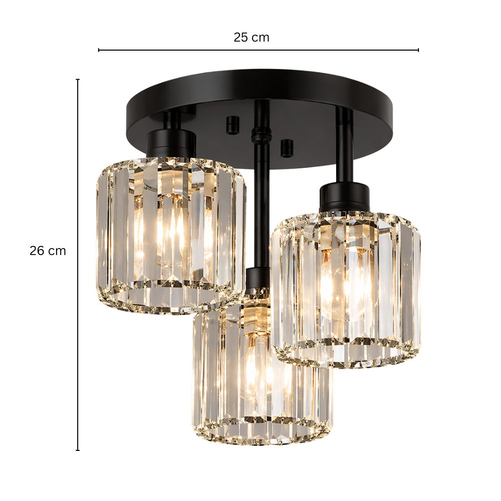 Plafondlamp Art Deco met 3 Kristallen Kappen en Ronde Basis