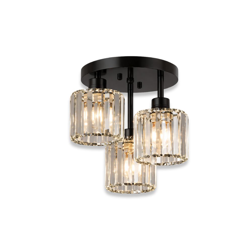 Plafondlamp Art Deco met 3 Kristallen Kappen en Ronde Basis