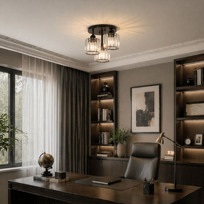 Plafondlamp Art Deco met 3 Kristallen Kappen en Ronde Basis