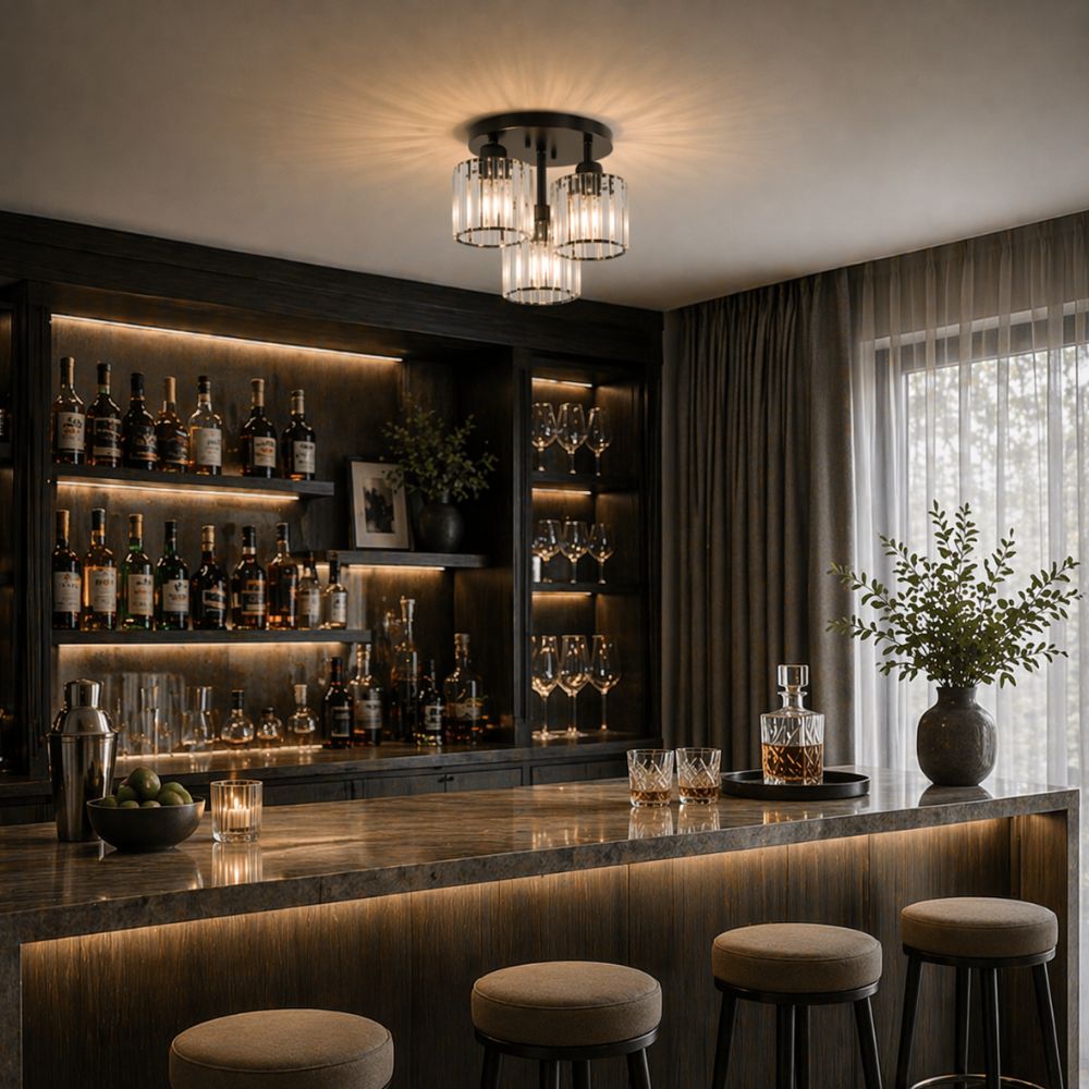 Plafondlamp Art Deco met 3 Kristallen Kappen en Ronde Basis