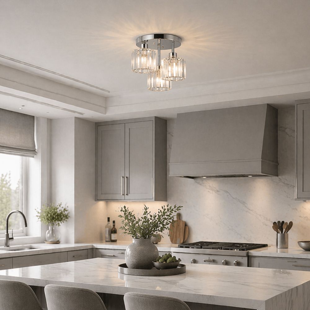 Plafondlamp Art Deco met 3 Kristallen Kappen en Ronde Basis