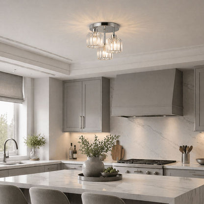 Plafondlamp Art Deco met 3 Kristallen Kappen en Ronde Basis