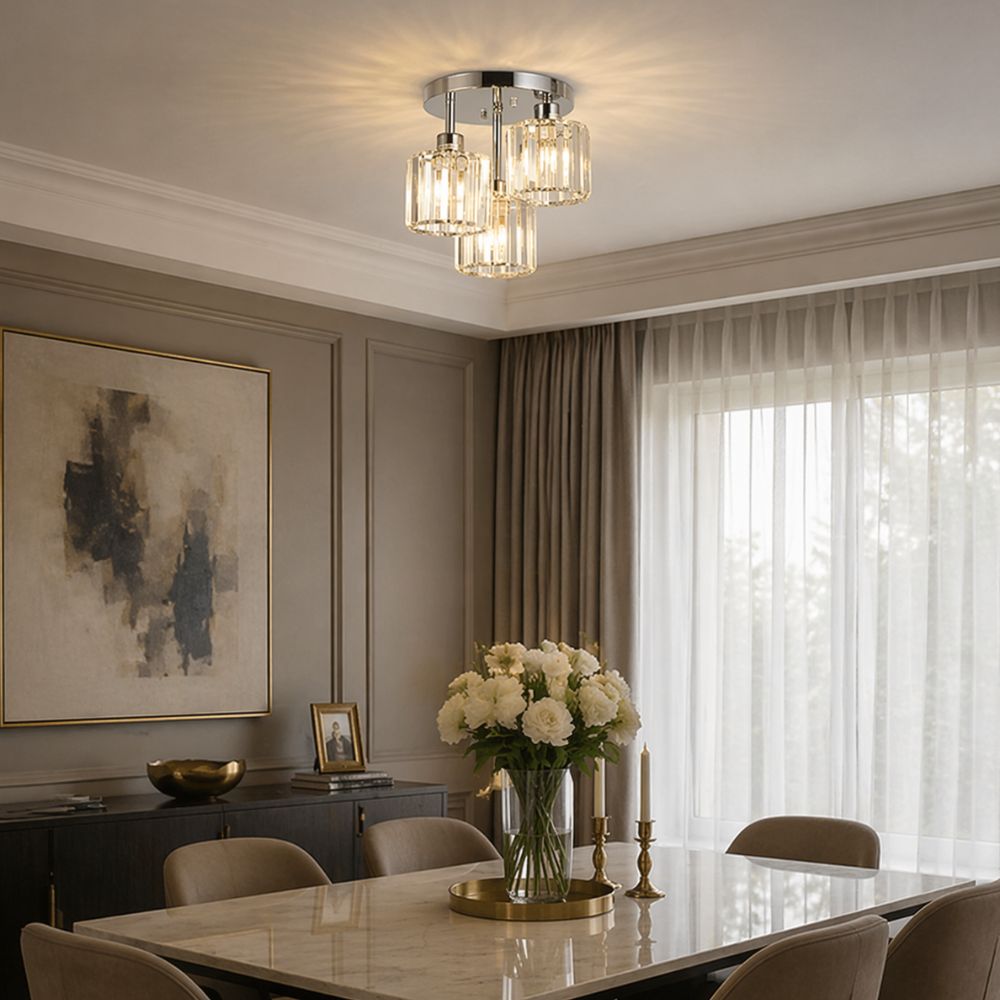 Plafondlamp Art Deco met 3 Kristallen Kappen en Ronde Basis