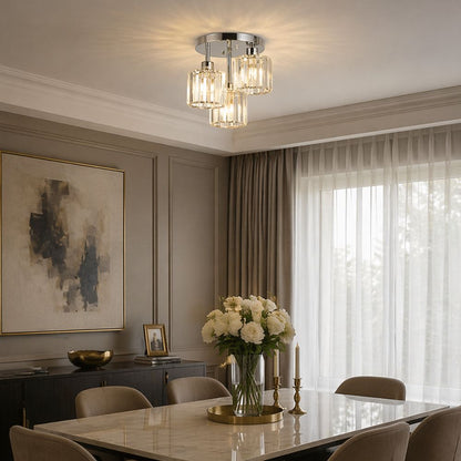 Plafondlamp Art Deco met 3 Kristallen Kappen en Ronde Basis