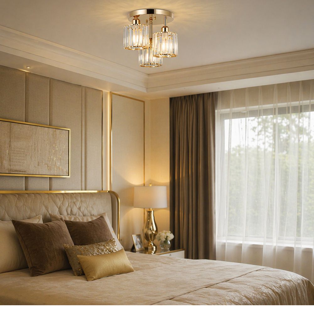 Plafondlamp Art Deco met 3 Kristallen Kappen en Ronde Basis