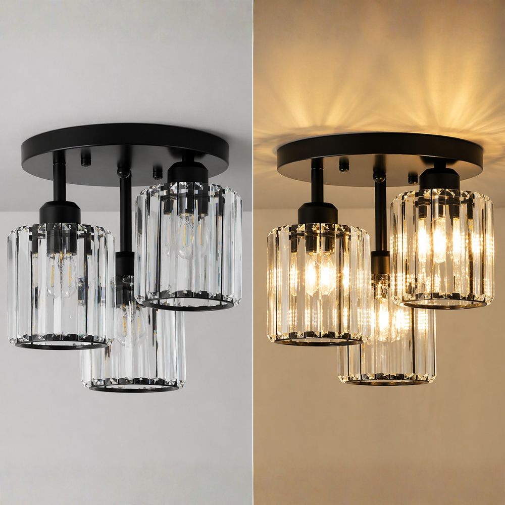 Plafondlamp Art Deco met 3 Kristallen Kappen en Ronde Basis