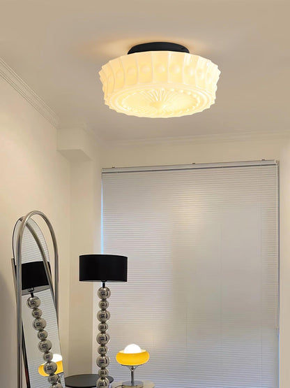 Plafondlamp Art Deco met Gegraveerde Glazen Kap en Ronde Vorm