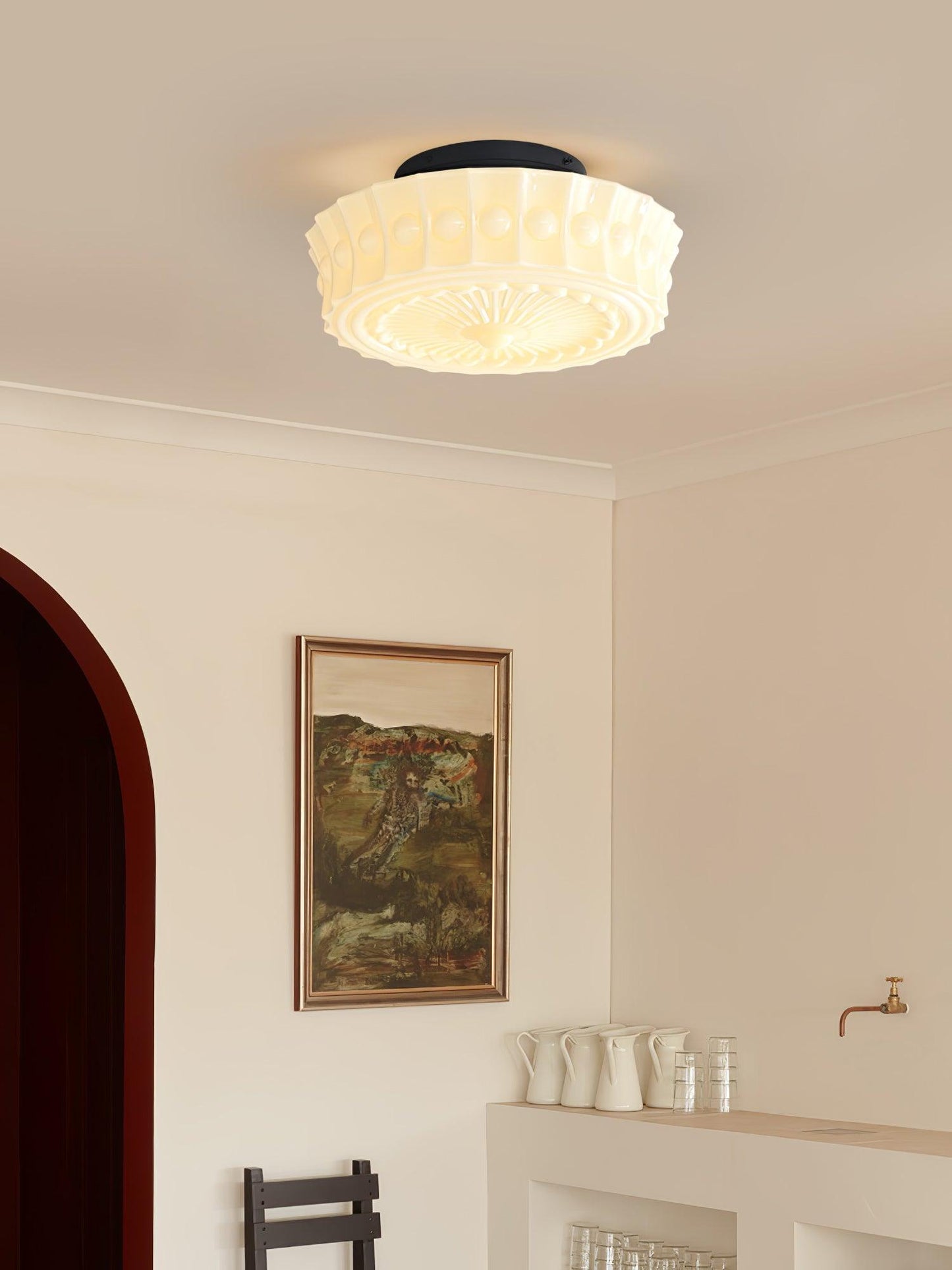 Plafondlamp Art Deco met Gegraveerde Glazen Kap en Ronde Vorm