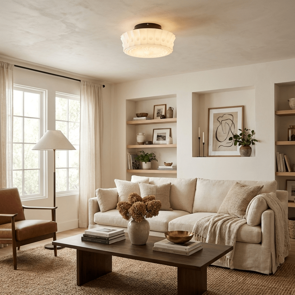 Plafondlamp Art Deco met Gegraveerde Glazen Kap en Ronde Vorm