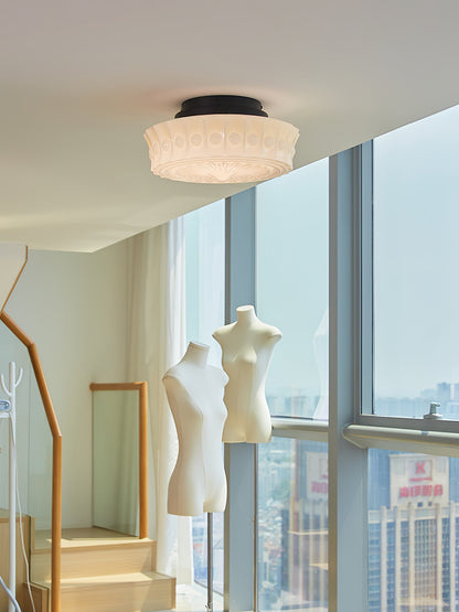 Plafondlamp Art Deco met Gegraveerde Glazen Kap en Ronde Vorm