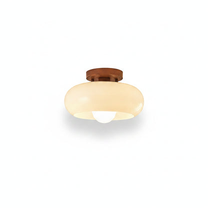 Plafondlamp Bauhaus Stijl met Crème Glazen Kap en Houten Basis