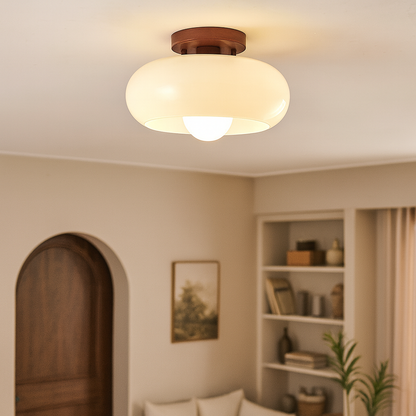 Plafondlamp Bauhaus Stijl met Crème Glazen Kap en Houten Basis