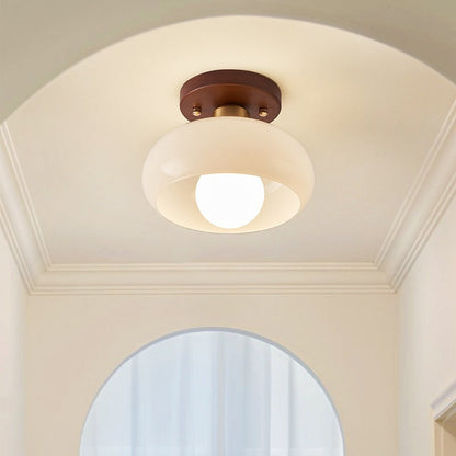 Plafondlamp Bauhaus Stijl met Crème Glazen Kap en Houten Basis
