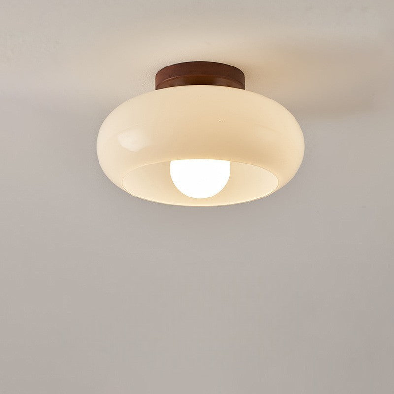 Plafondlamp Bauhaus Stijl met Crème Glazen Kap en Houten Basis