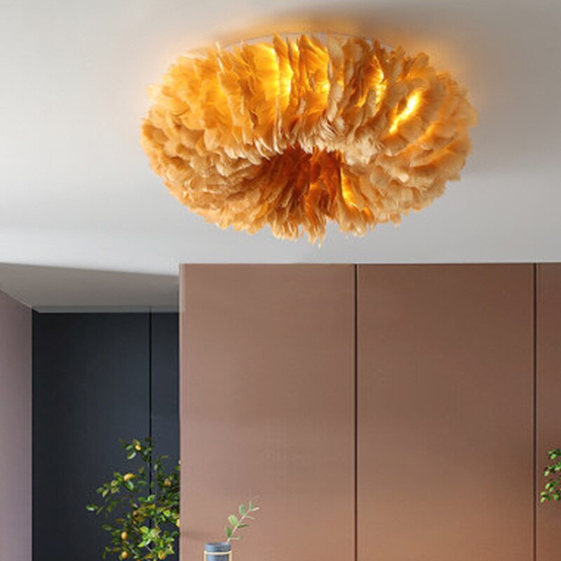 Plafondlamp Bohemian met Veren Kap en Warm Licht