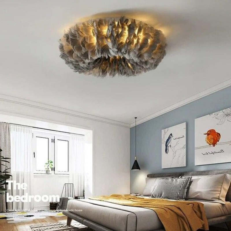 Plafondlamp Bohemian met Veren Kap en Warm Licht