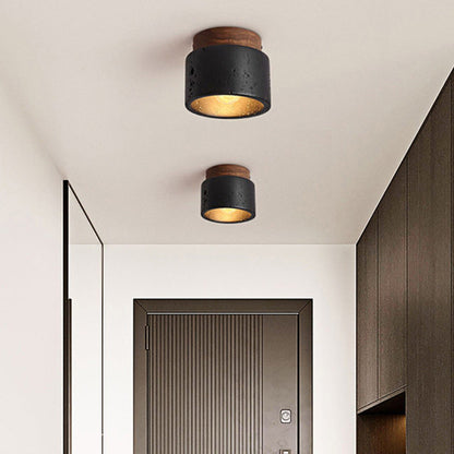 Plafondlamp Industrieel met Ronde Kap en Houten Fitting