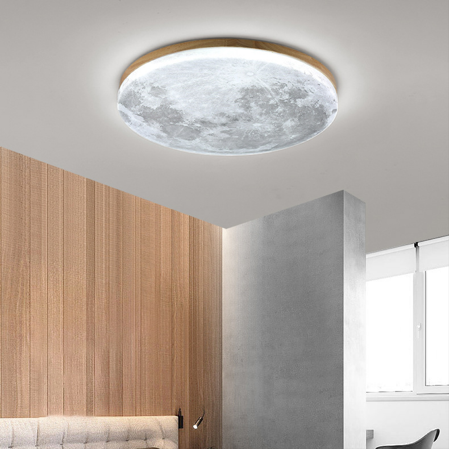 Plafondlamp Maan Rond met Houten Rand en Geïntegreerde LED