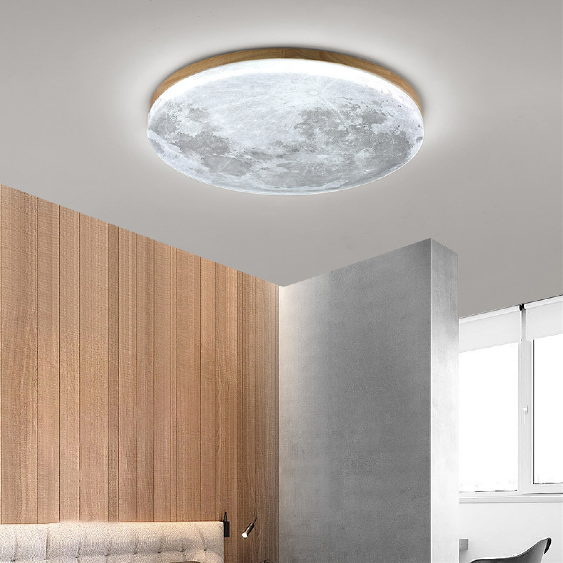 Plafondlamp Maan Rond met Houten Rand en Geïntegreerde LED