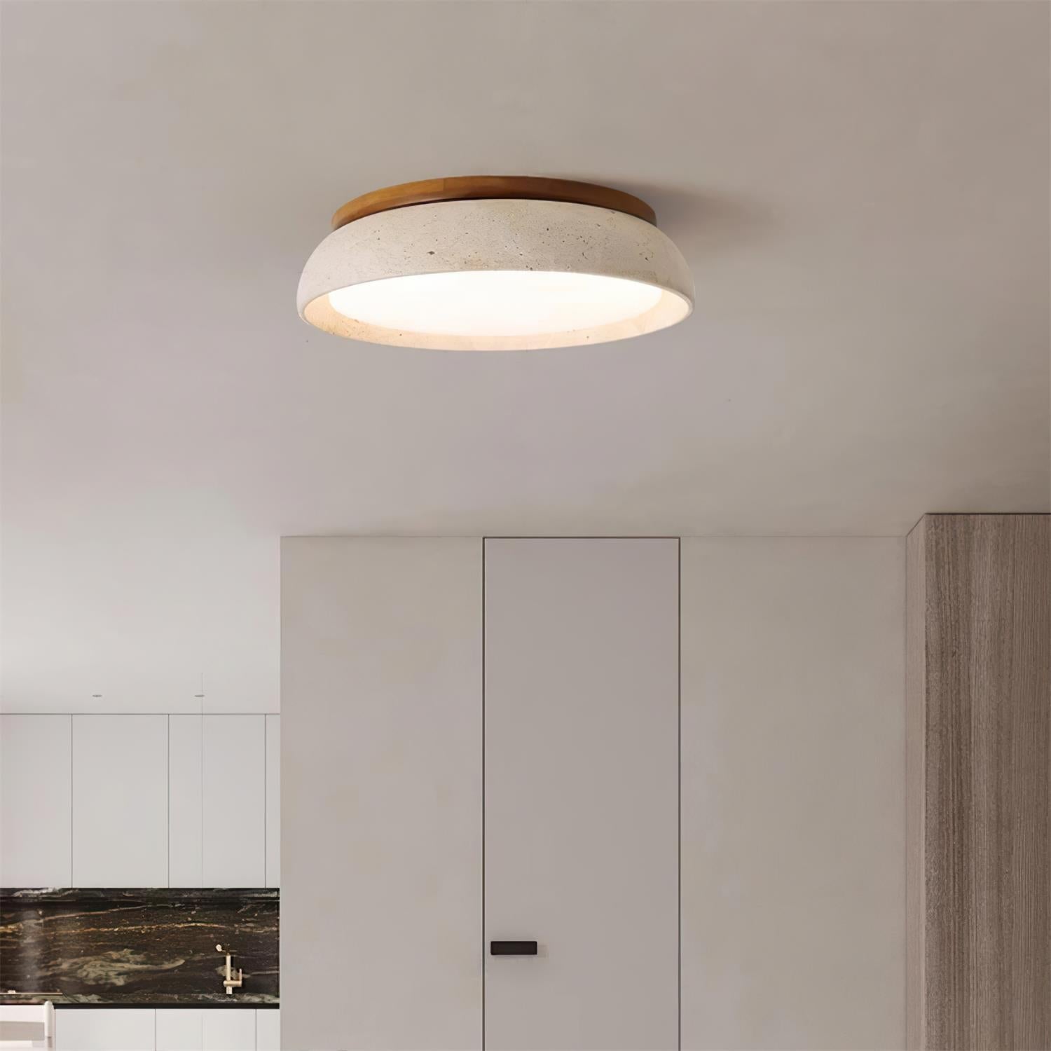Plafondlamp Minimalistisch met Travertijn Kap en Houten Rand