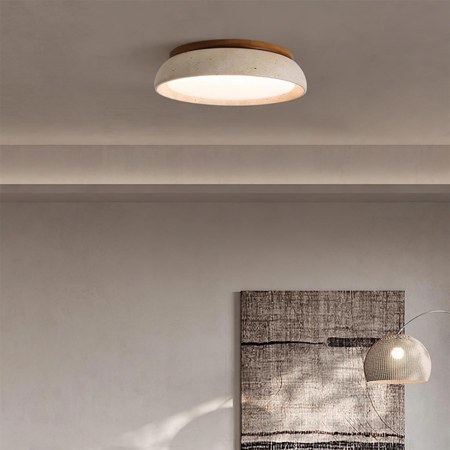 Plafondlamp Minimalistisch met Travertijn Kap en Houten Rand