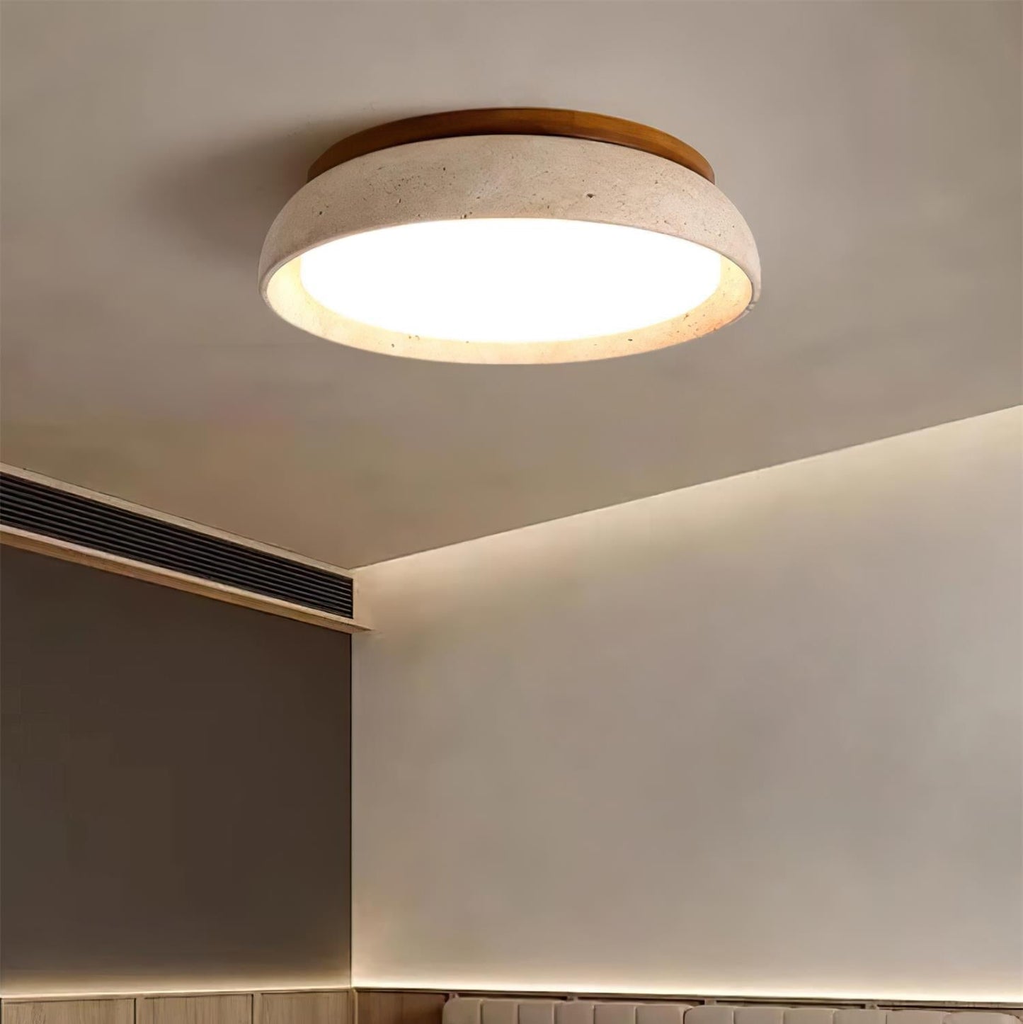 Plafondlamp Minimalistisch met Travertijn Kap en Houten Rand