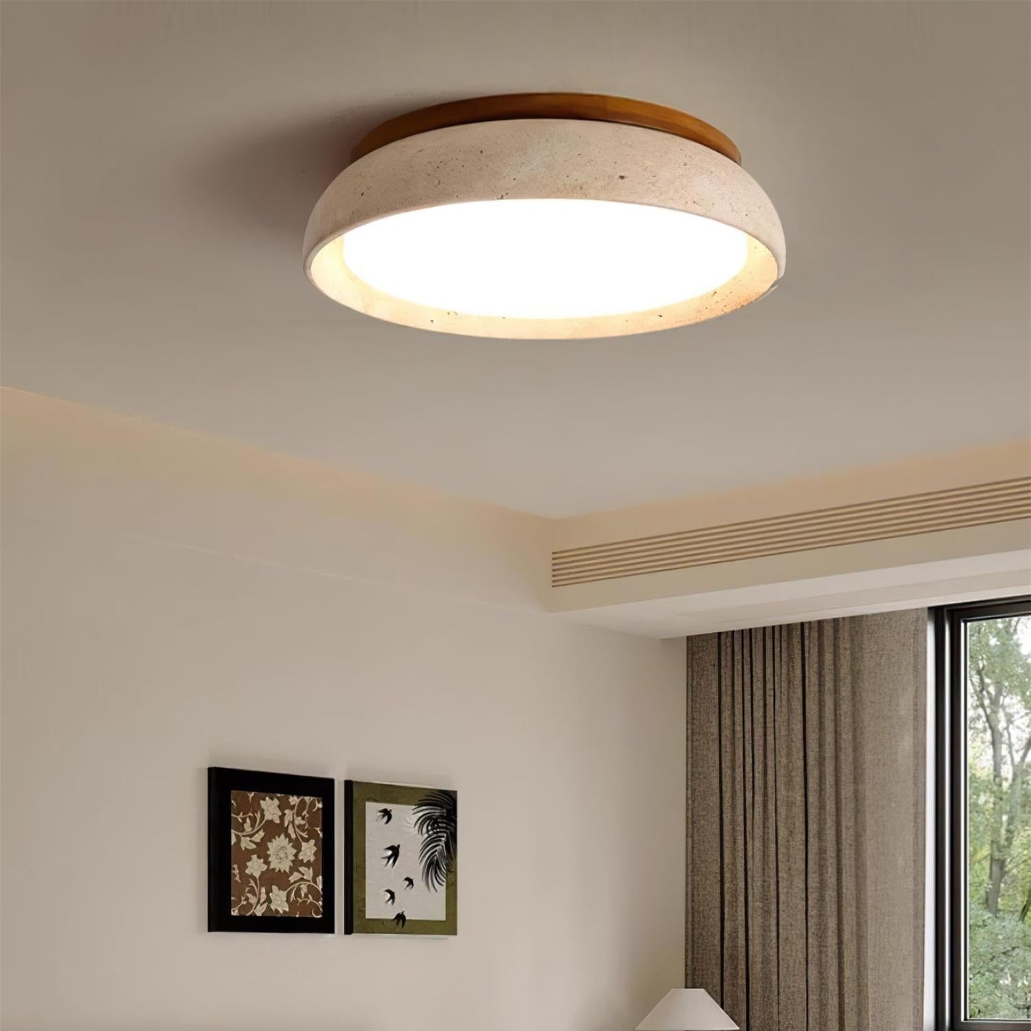 Plafondlamp Minimalistisch met Travertijn Kap en Houten Rand