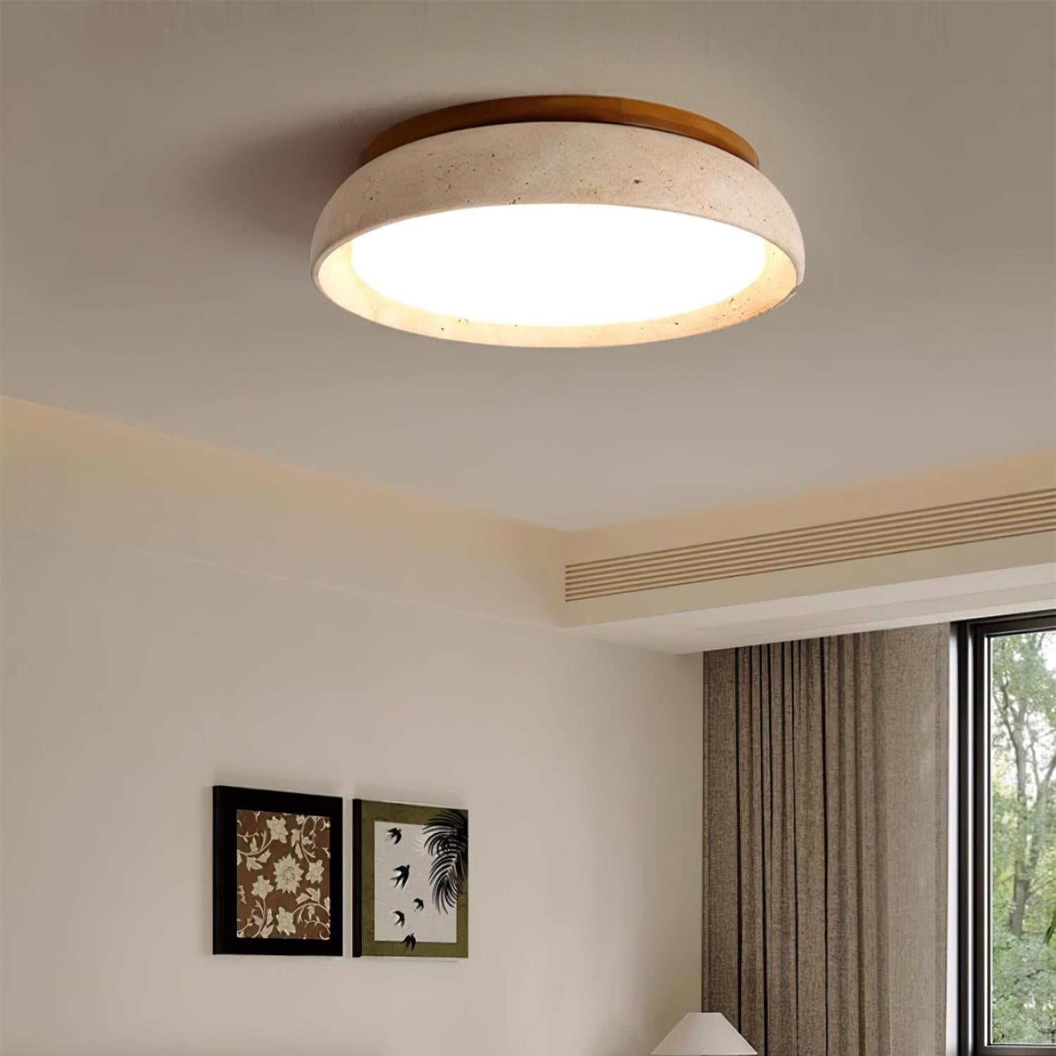 Plafondlamp Minimalistisch met Travertijn Kap en Houten Rand
