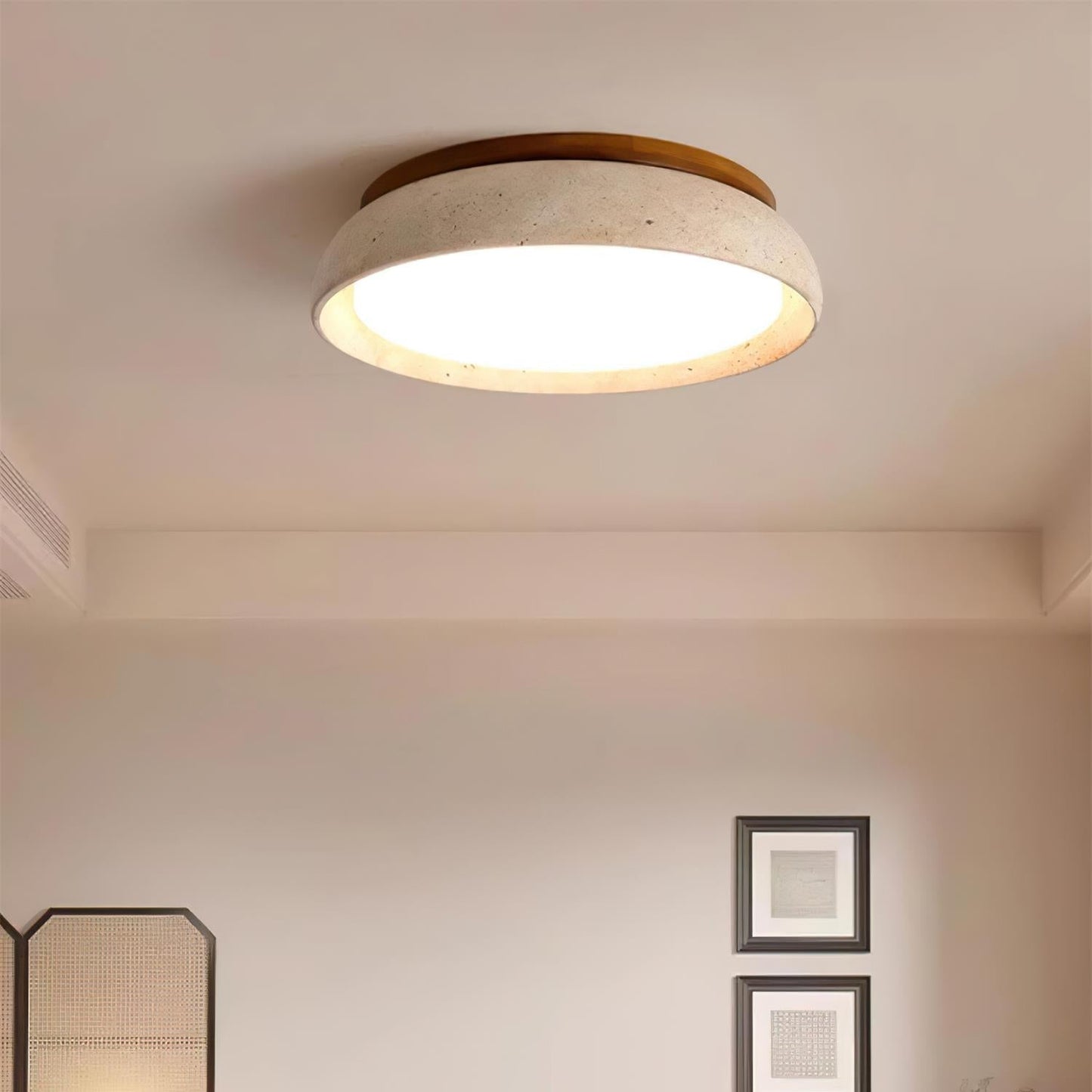 Plafondlamp Minimalistisch met Travertijn Kap en Houten Rand