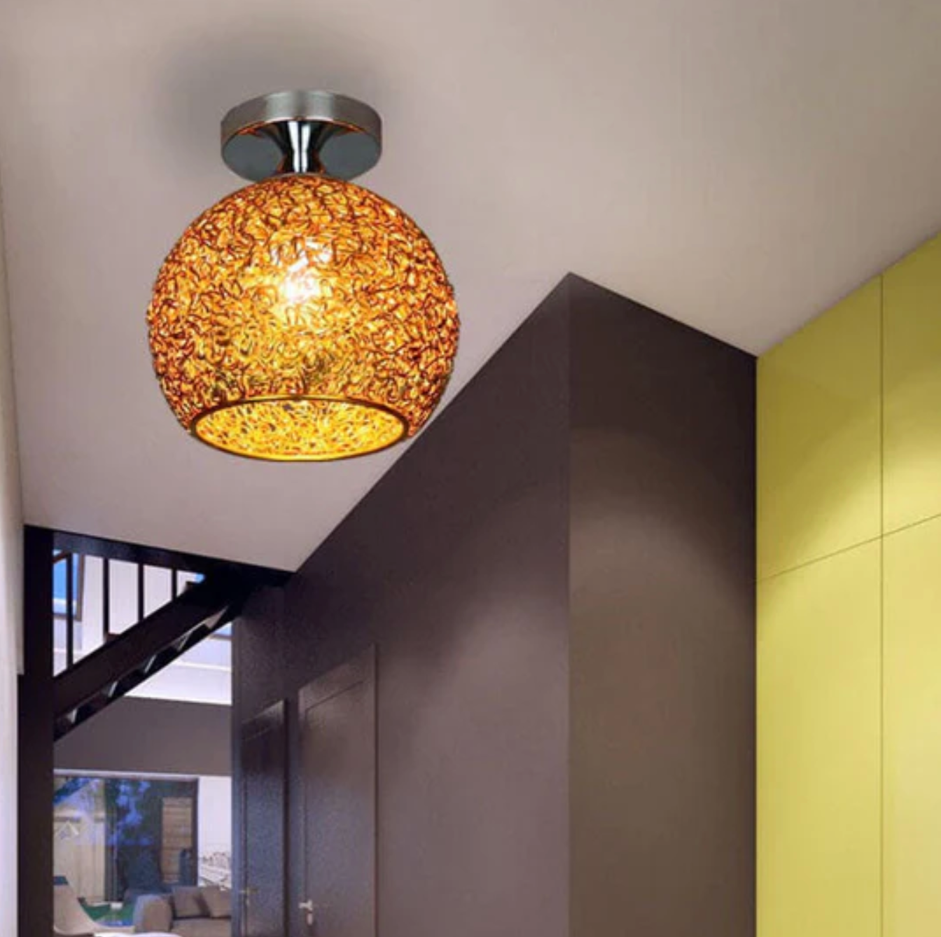 Plafondlamp Modern met Gevlochten Bol Kap en Semi-Inbouw Montage