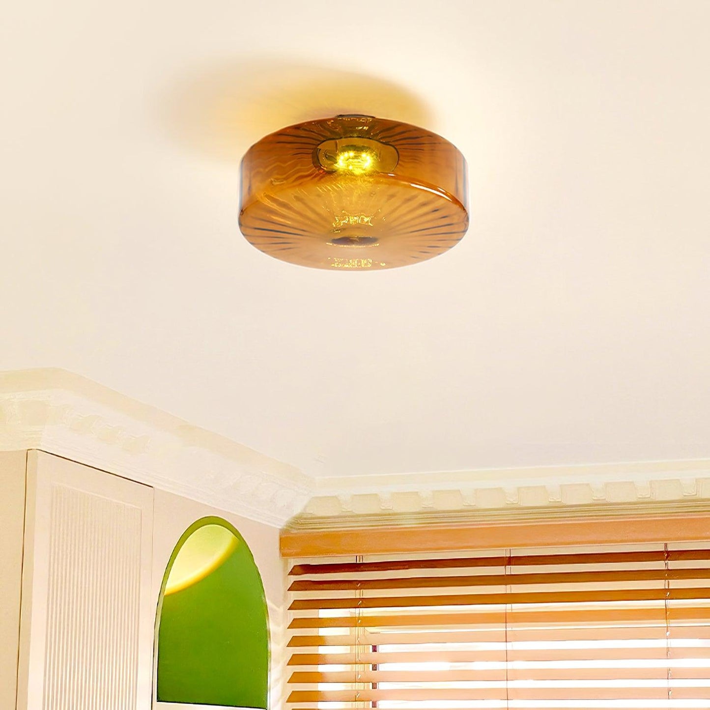 Plafondlamp Retro met Glazen Kap en Zonnestraal Patroon