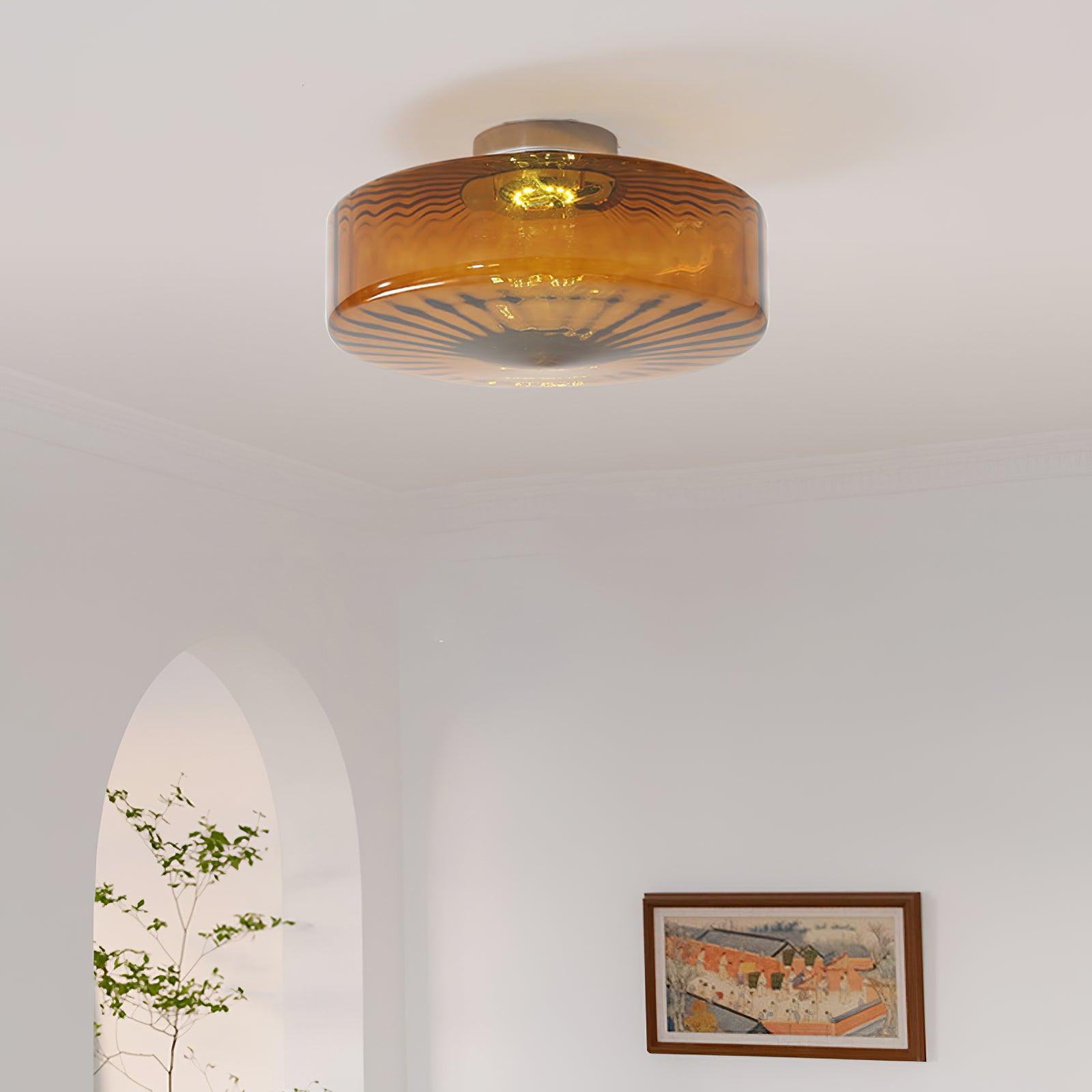 Plafondlamp Retro met Glazen Kap en Zonnestraal Patroon