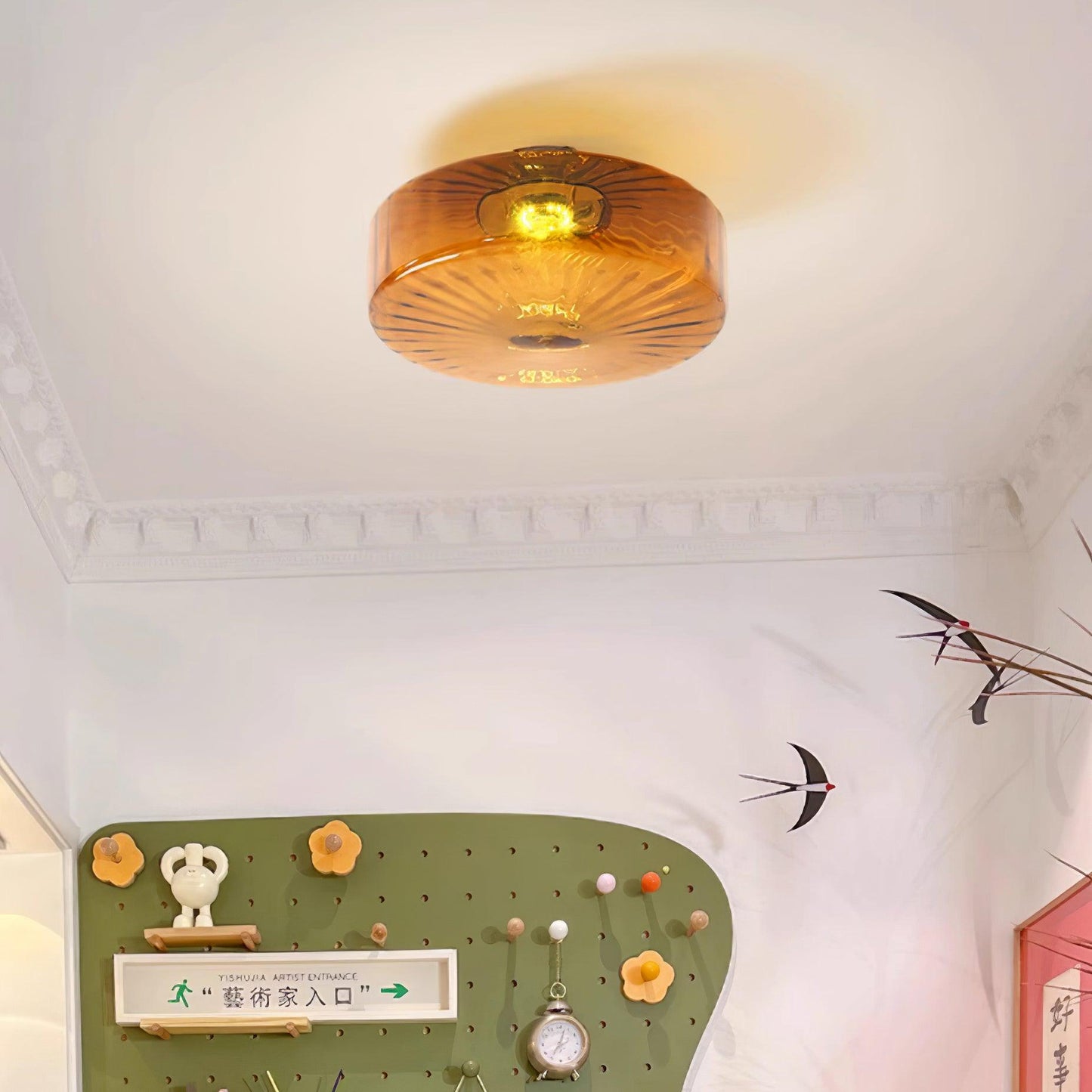 Plafondlamp Retro met Glazen Kap en Zonnestraal Patroon