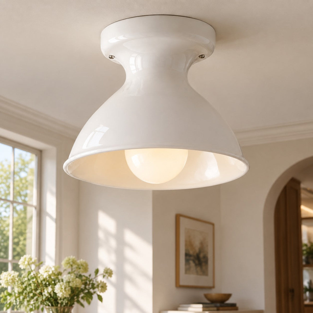 Plafondlamp Retro met Zandloper Kap en Glanzend Keramiek